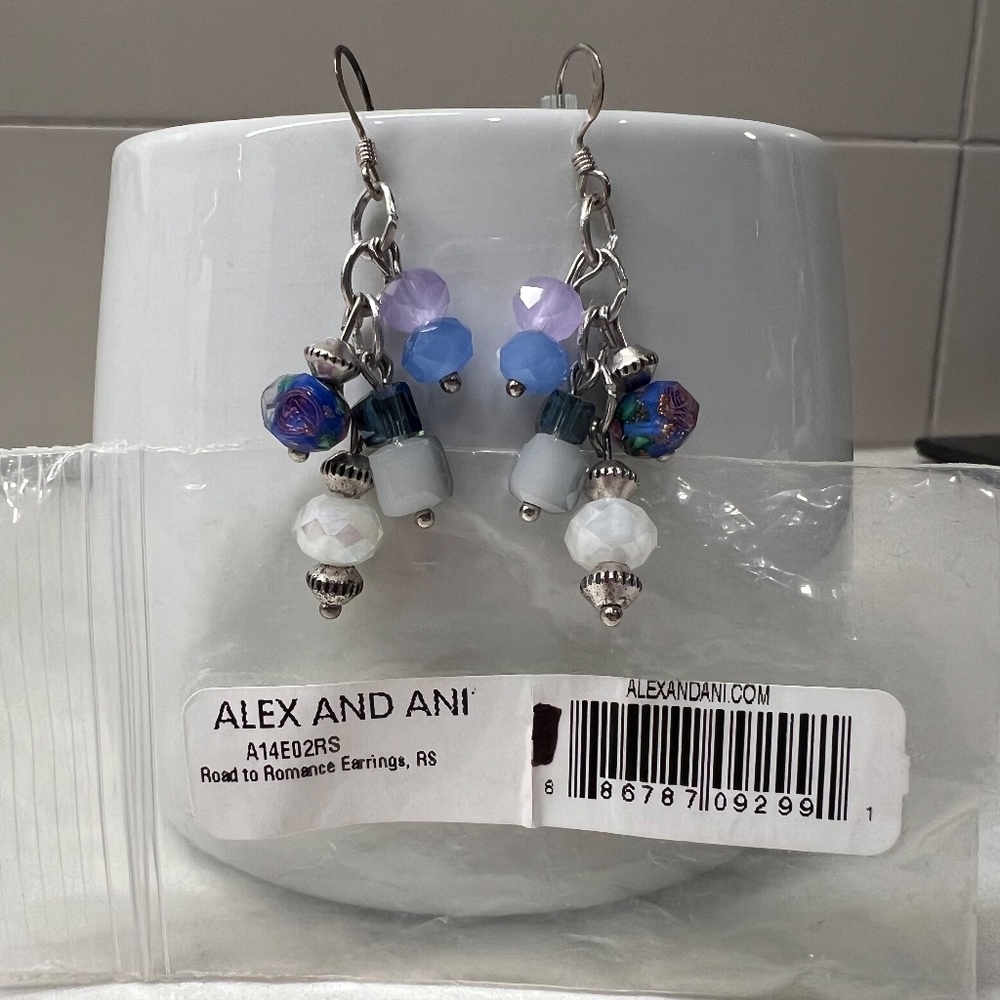 NWT Alex and Ani Road to Romance Earrings, Silver and Blue - Picture 2 of 9